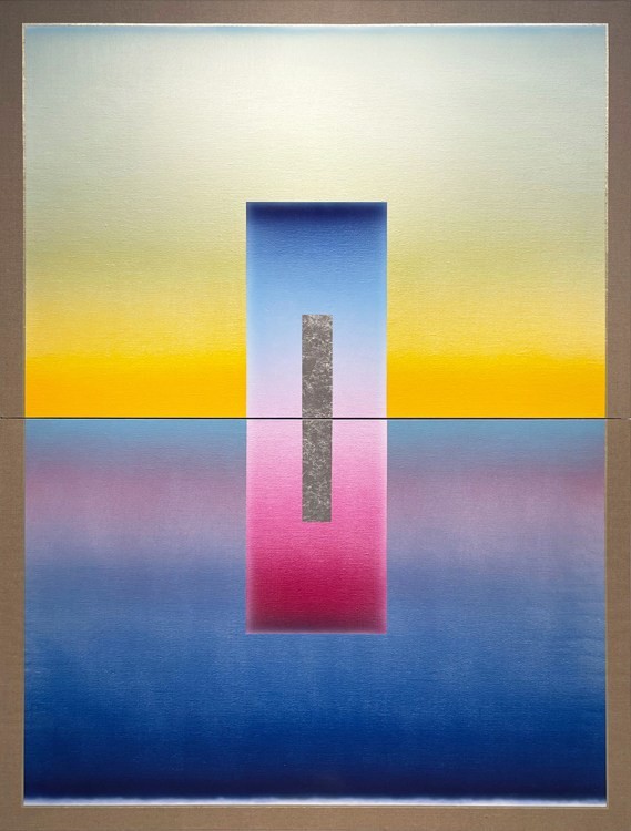 Casper Brindle, <em>Hieroglyph 0001</em>, 2020. Acrylic paint with silver and pale gold leaf on linen. 96 x 72 in.