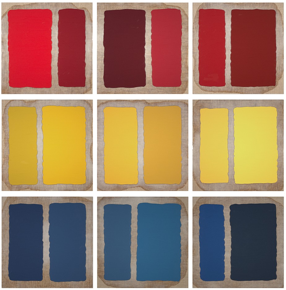 Laura Hapka, <em>Red States, Blue States, I Can't Believe It's Not Butter, (9)</em>. 24 x 24 inch panel, grid presentation, acrylic and encaustic on linen panels.