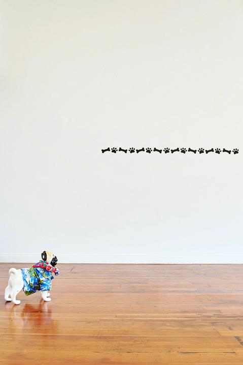 Coop shoves past Jessica and beelines for the back door. He starts scratching it uncontrollably and barking like mad., bone and paw print wall decals, 2015 Biggest regret in life: no regrets, doesn’t have the capacity to regret, pug mannequin with tropical attire, 2015