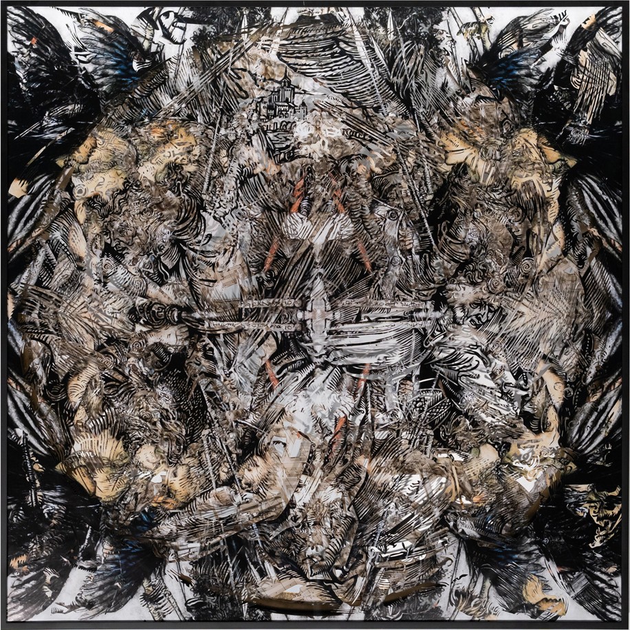 Matthew Picton, <em>The Ring</em>, 2020. Cut archival printed images gold leaf. Tru View optimum UV plexi. 42.25x42.5 in. (framed).