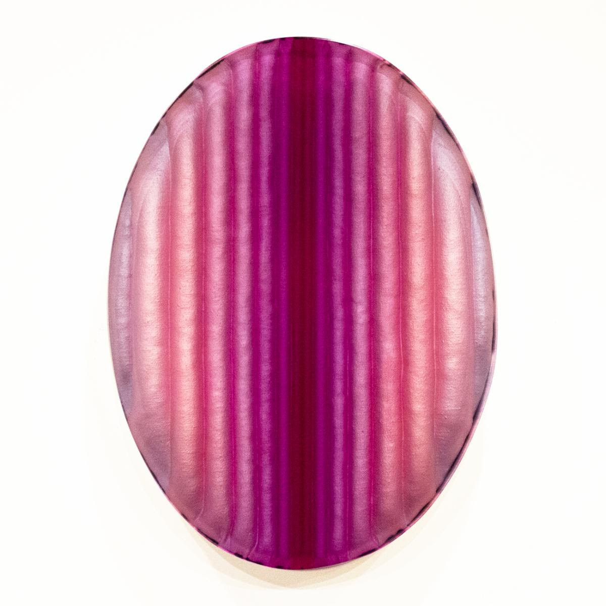 Lisa Bartleson, Seed Magenta Pale Violet, 2026, sewn sculpted canvas, acrylic, resin, steel on panel, 20 x 15 x 2 inches