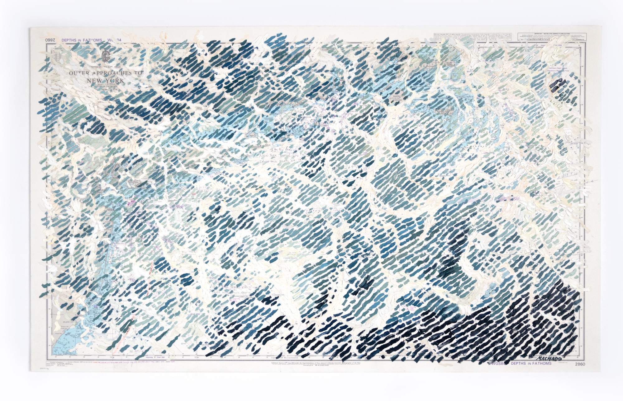 Martin Machado, Outer Approaches to New York, 2024, Oil on Ship’s Nautical Chart, 28 x 24 in.