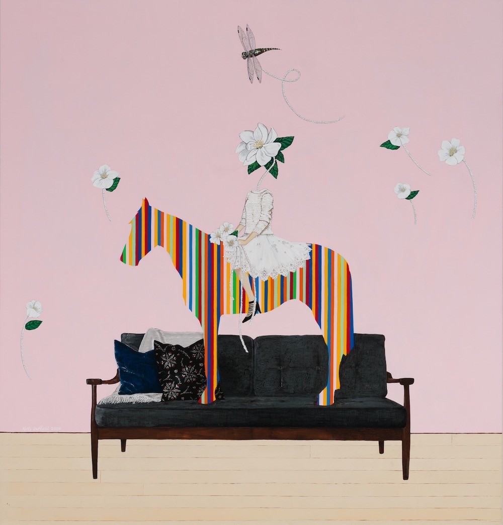 Kelly Duffield, <em>Same Same IV</em>, 2020. Acryla gouache and colored pencil on Italian linen canvas. 42 x 40 in.