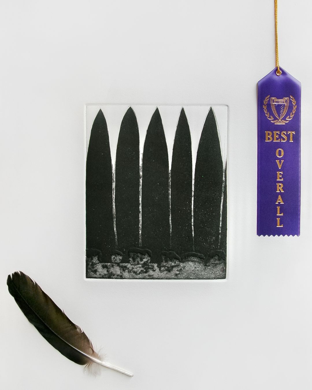 Howard Junker Best Overall, 1992/2023, Intaglio, acetate ribbon, crow feather 22 1/4