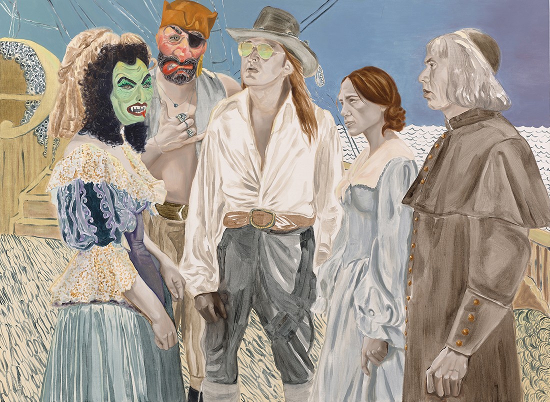 Katie Dorame, <em>Stow Away Voyage - Graham, Irene, Wes & the Rest</em>, 2017. Oil and acrylic on canvas. 44 x 60 in.