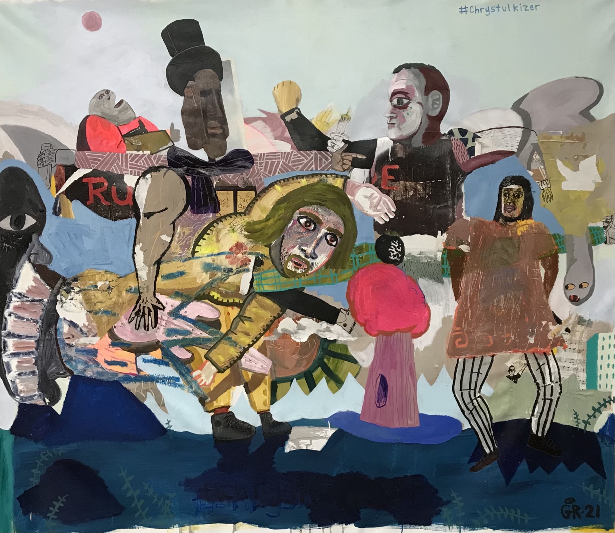 Greg Rick, <em>Judgement</em>, 2021. Acrylic, oil bar, oil, ronan sign painting paint, collage & enamel on canvas. 63x56x1.5 in. Photo courtesy of the artist.