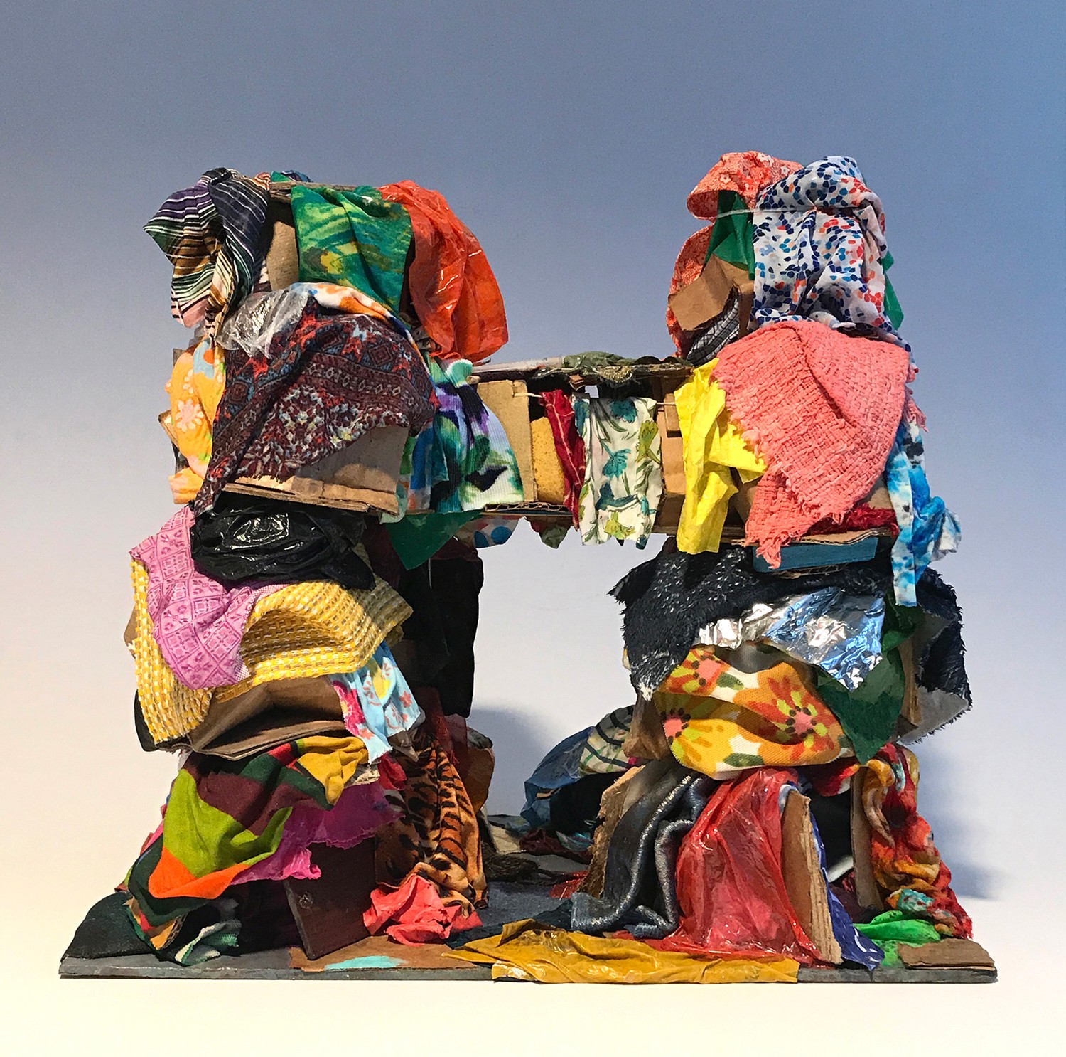 Benji Whalen, <em>Mismenagerie</em>, 2020. Fabric, cardboard, wood, plastic. 13 × 13½ × 9½ in. 