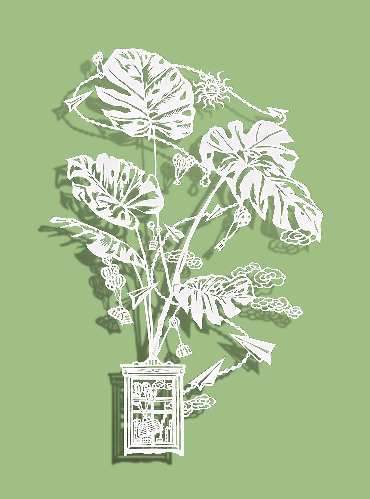 Bovey Lee, <em>Dream–Monstera</em>, 2021. Chinese Xuan paper on silk. 12x9 in.