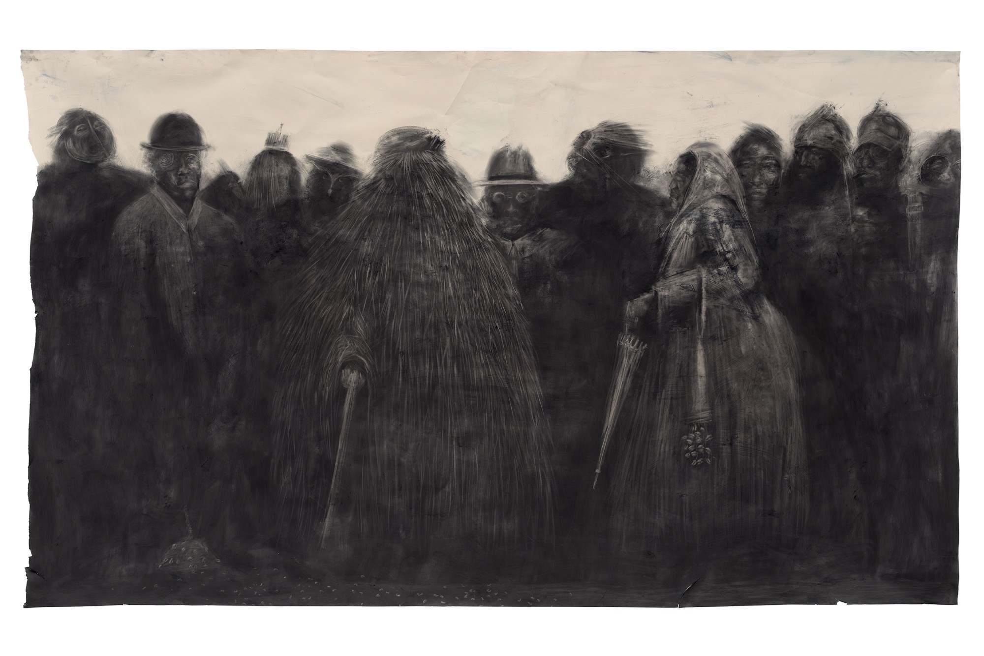 Sydney Cain, <em>Baba and Nana</em>, 2021. Acrylic, iron oxide, & charcoal on paper. 72x120 in.