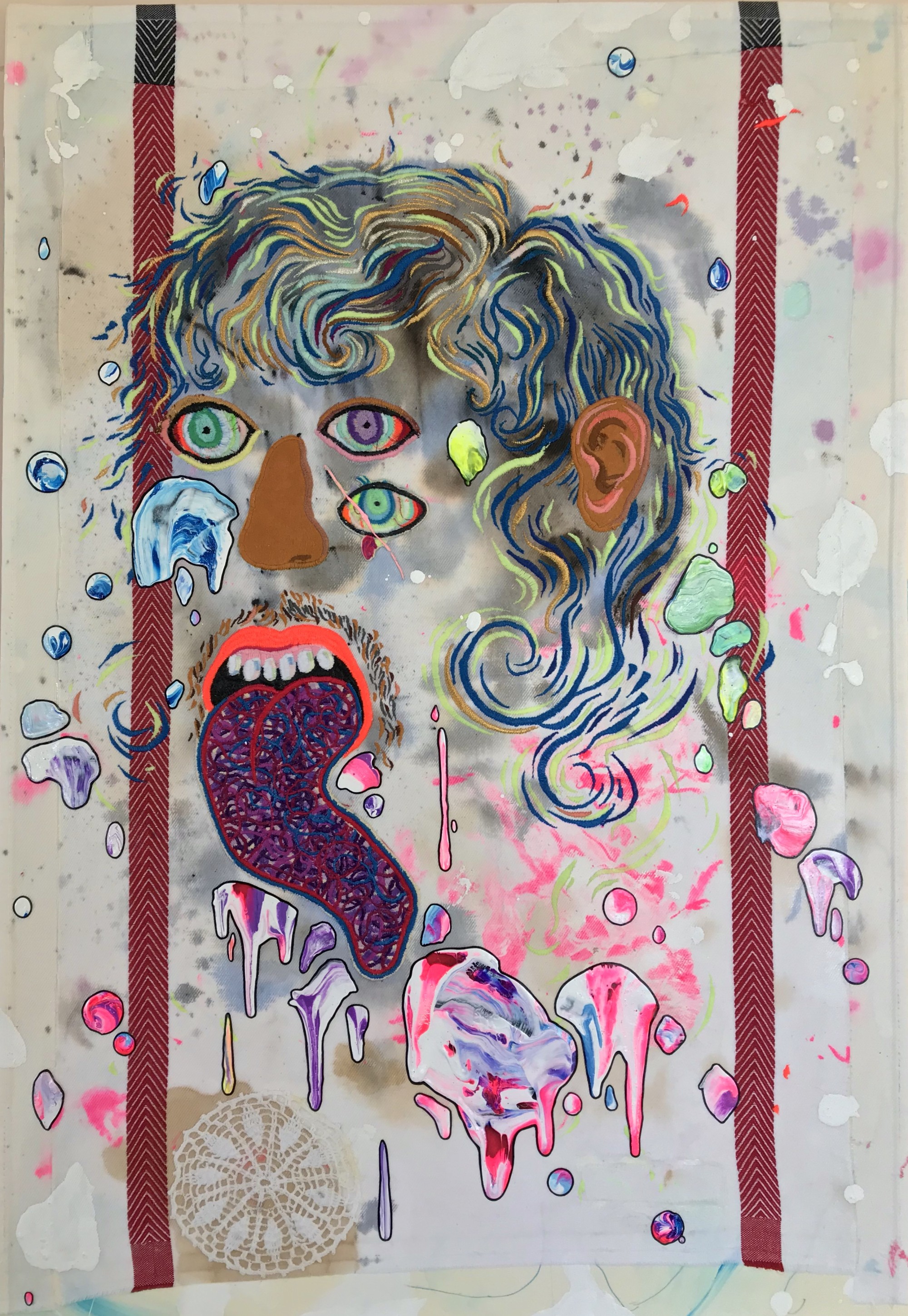 Portrait, 2019/2020, Colored thread, glow-in-the-dark thread, paper, acrylic, ink, fabric on canvas, 32 x 22 in.