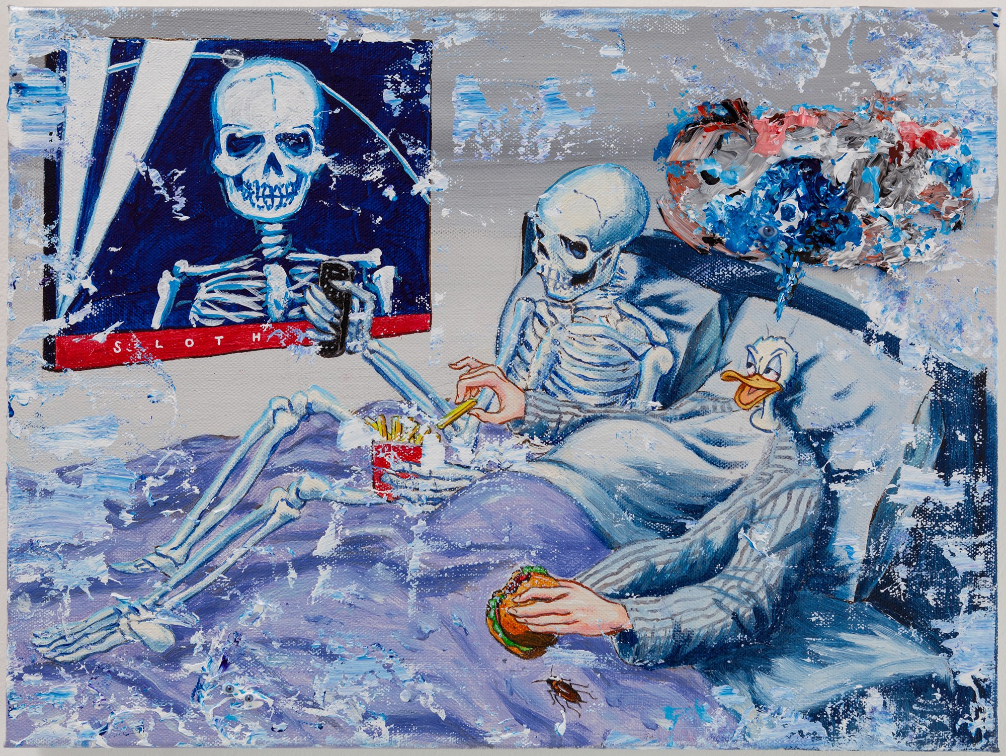 Enrique Chagoya, <em>The Seven Deadly Sins: Sloth</em>, 2020. Acrylic and water mixable oil, with glass eyes collaged on canvas. 12 × 16 in. Photo by Eugenio Castro.