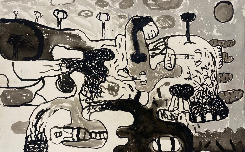 Chuck Webster, <em>Committee</em>, 2020. Ink on antique handmade paper.