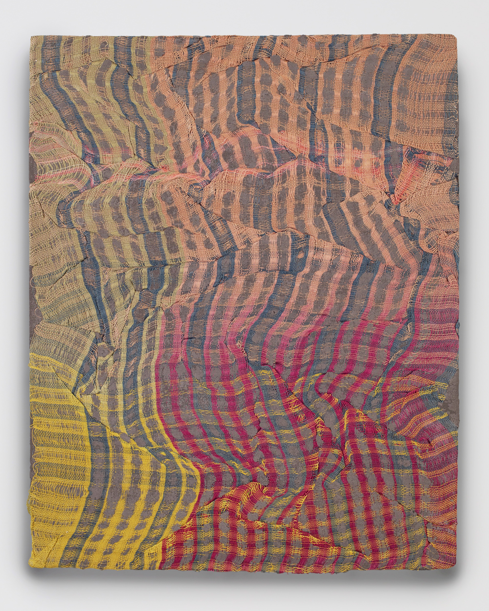 Crystal Gregory, Pieces of Place 1, 2026, handwoven textile cast in concrete, plant dyes include sappanwood, osage, black-eyed susan, cutch and indigo, 30 x 24 x 2 inches