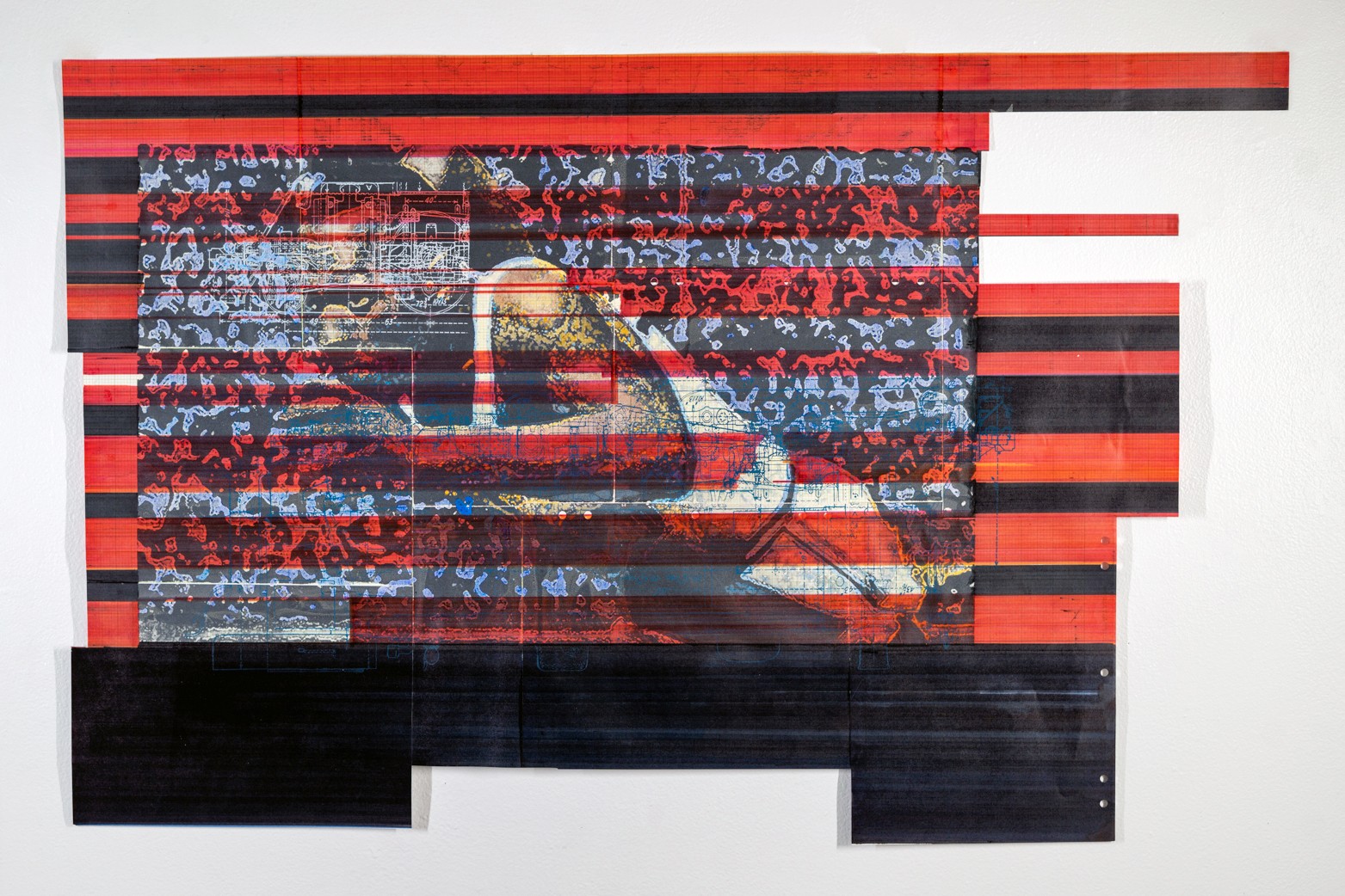 Rodney Ewing, <em>Engine #9</em>, 2022, hand-colored silkscreen on ledger paper, 39 x 25 1/4 in.