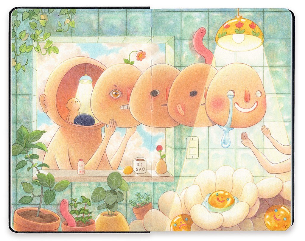 Felicia Chiao, Being Around People is Exhausting, 2024 Copic marker and colored pencil on Moleskine sketchbook