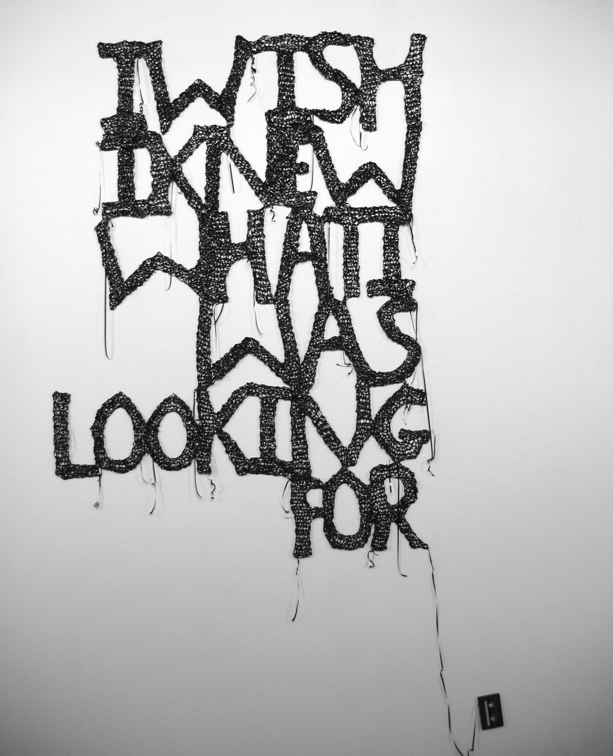 Nicola Vruwink, I Wish I Knew What I Was Looking For, 2009 Cassette tape, plastic, metal pins 72 x 83 x 1.5 inches Lyric from Under the Milky Way by The Church, 1988