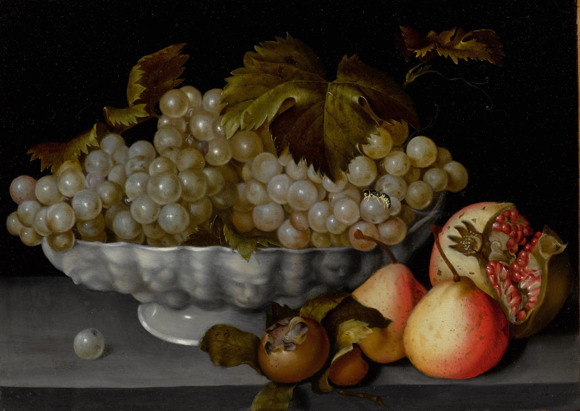 Feda Galizia, A Still Life of a Porcelain Basket of Plums and Grapes on a Stone Ledge with Quinces, 1578–1630
