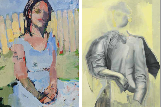 Nina Katz, Blue, 2023. Oil on board, 18 x 24 in. / Kirstine Reiner Hansen, Vacancy #2, 2023. Oil on linen, 31.4 x 35.4 in.