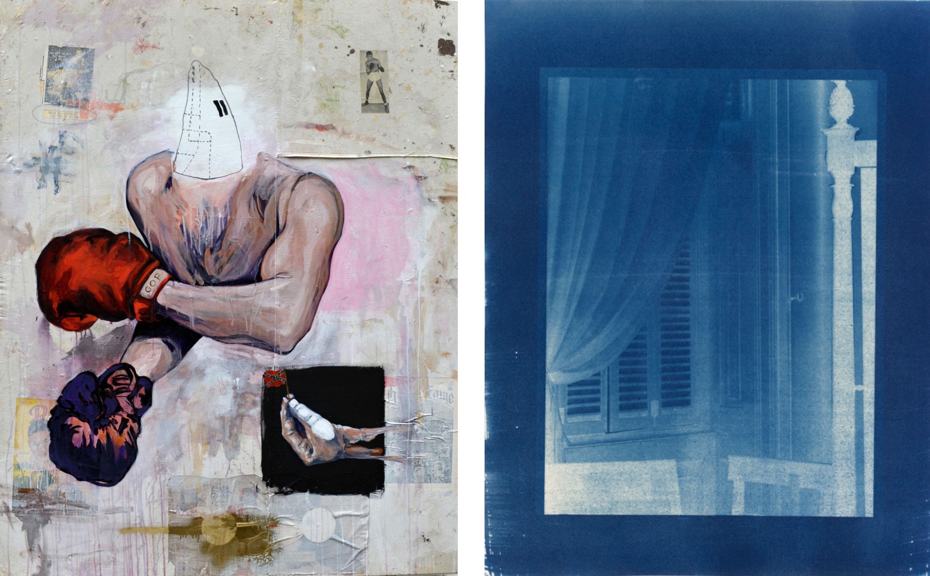 Travis Somerville. <em>The Mat</em>, 2020. Acrylic, collage on found painters tarp. 60 x 48 in. | Keris Salmon. <em>Night Watch</em>, 2019. Cyanotype. 11 x 14 in. 