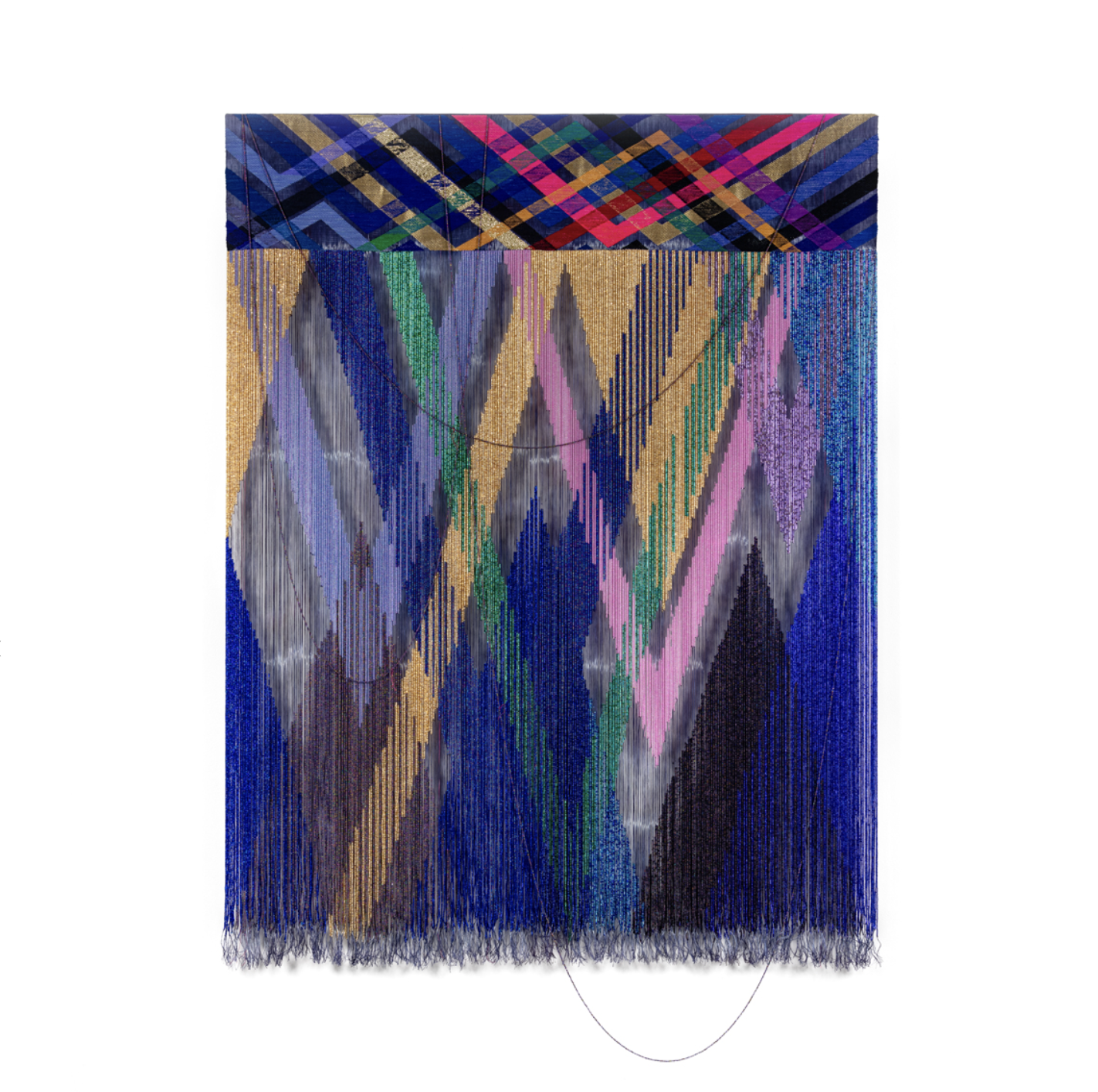 John Paul Morabito, Untitled (i need somebody to love tonight), 2024, linen, wool, gold leaf thread, glass beads, 93 x 47 inches