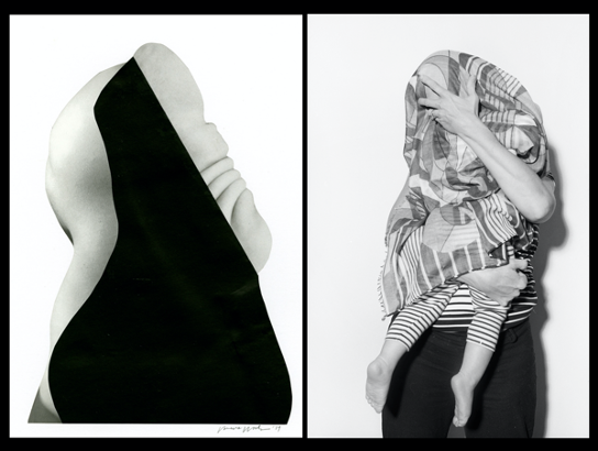 left: Vanessa Woods, “ monolith “ Form Study # 10 , 2019, original collage , 14 “ 11”  right  :  Josh Smith , “ stripes “, 2020 , gelatin silver print, 13.7 x 11.5” , ed. 6, with 2 a.p.