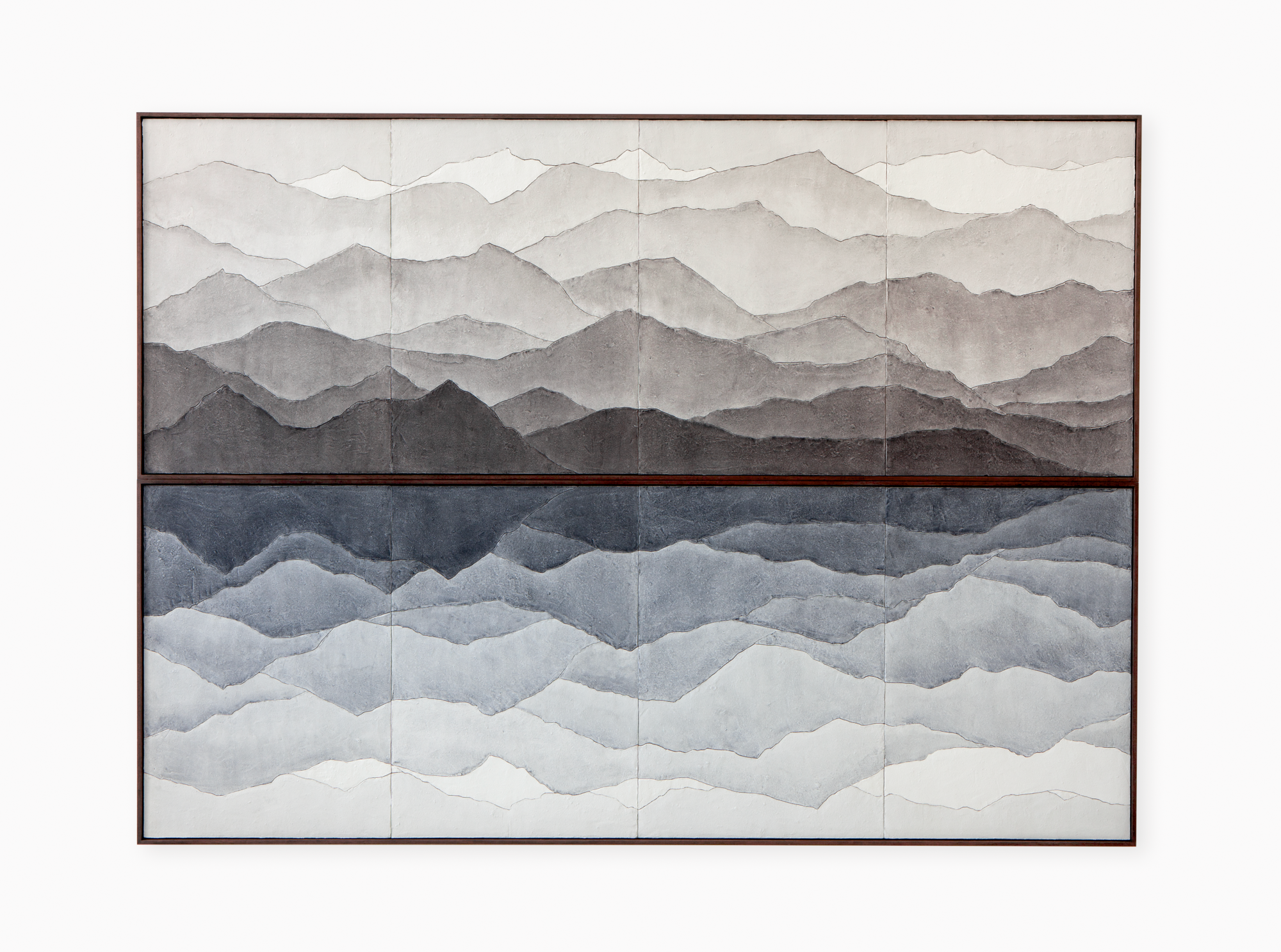 Zaida Oenema, Reflections, 2025, hand-sawn plywood, paper pulp, and charcoal, 46 1/2 x 63 3/4 inches (diptych)
