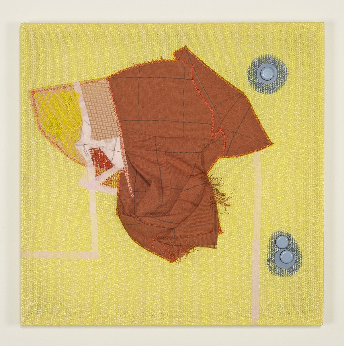 Tana Quincy Arcega, Frix, High density polyethylene (HDPE) mesh, canvas, polypropylene (PP) liner, tape, teflon, polyester, acrylic, gouache, and spackle, 22 x 22 in