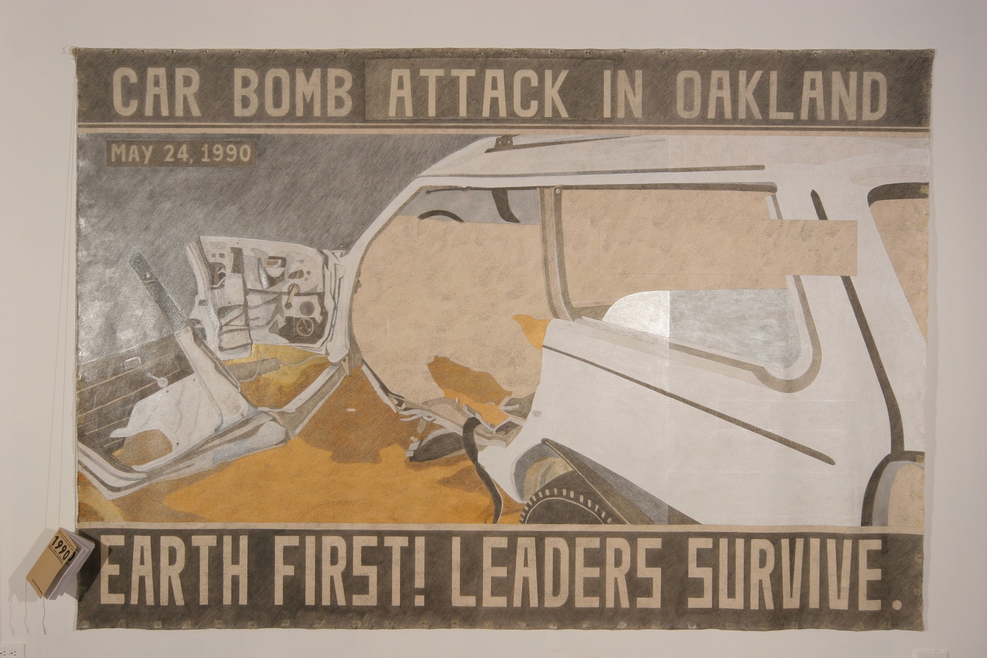Rigo 23, <em>Judi Bari Car Bombed</em>, 2007. Mixed media on canvas. 72 × 120 in.