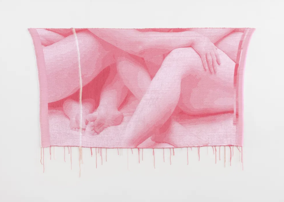 Mia Weiner lotus feet (Bhumi Devi), 2026 Handwoven cotton, wool, and silk, crytal beads (pink opal, moonstone, and pink aventurine) 43 x 82 inches (52 x 82 inches with fringe) 109.22 x 208.28 cm Mia Weiner lotus feet (Bhumi Devi), 2026 Handwoven cotton, wool, and silk, crytal beads (pink opal, moonstone, and pink aventurine) 43 x 82 inches (52 x 82 inches with fringe) 109.22 x 208.28 cm