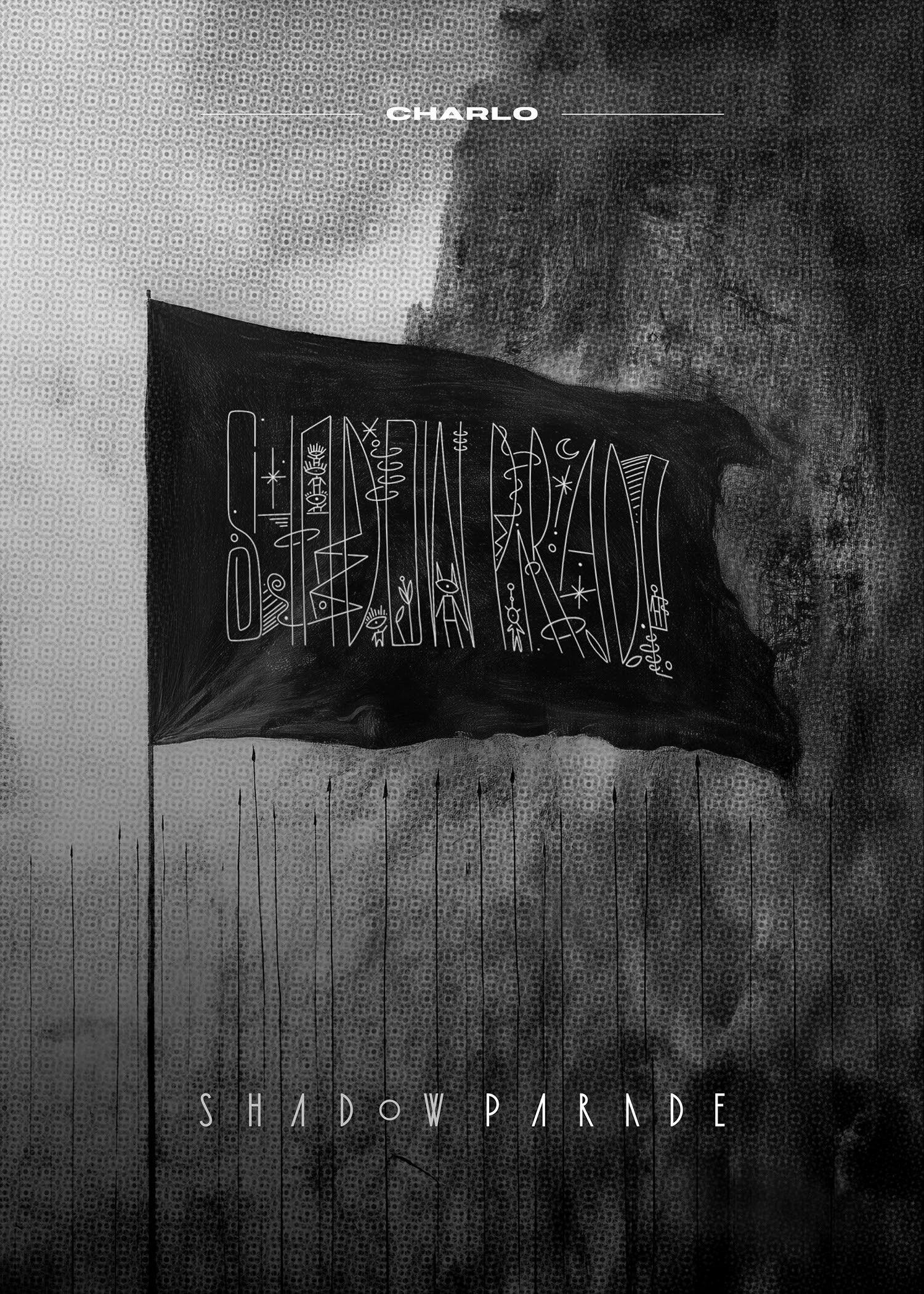 Charlo, Shadow Parade, 2025, Pigment pen, acrylic on mixed media. 