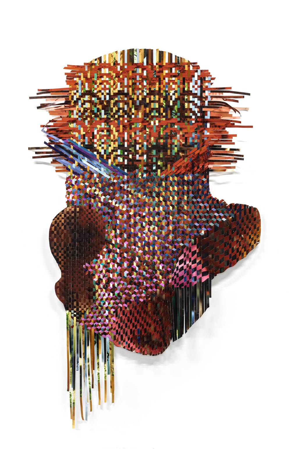 Tomas Nakada, <em> Oyejo</em>, 2020. Cut and woven photographs. 86 × 48 in.