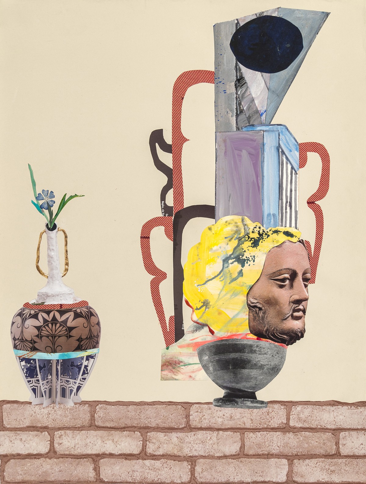 Derek Weisberg, <em>Fake Flowers II</em>, 2022, acrylic, ink, gouache, drawer liner, found paper on paper, 26 3/4 x 20 in. Courtesy Rena Bransten Gallery