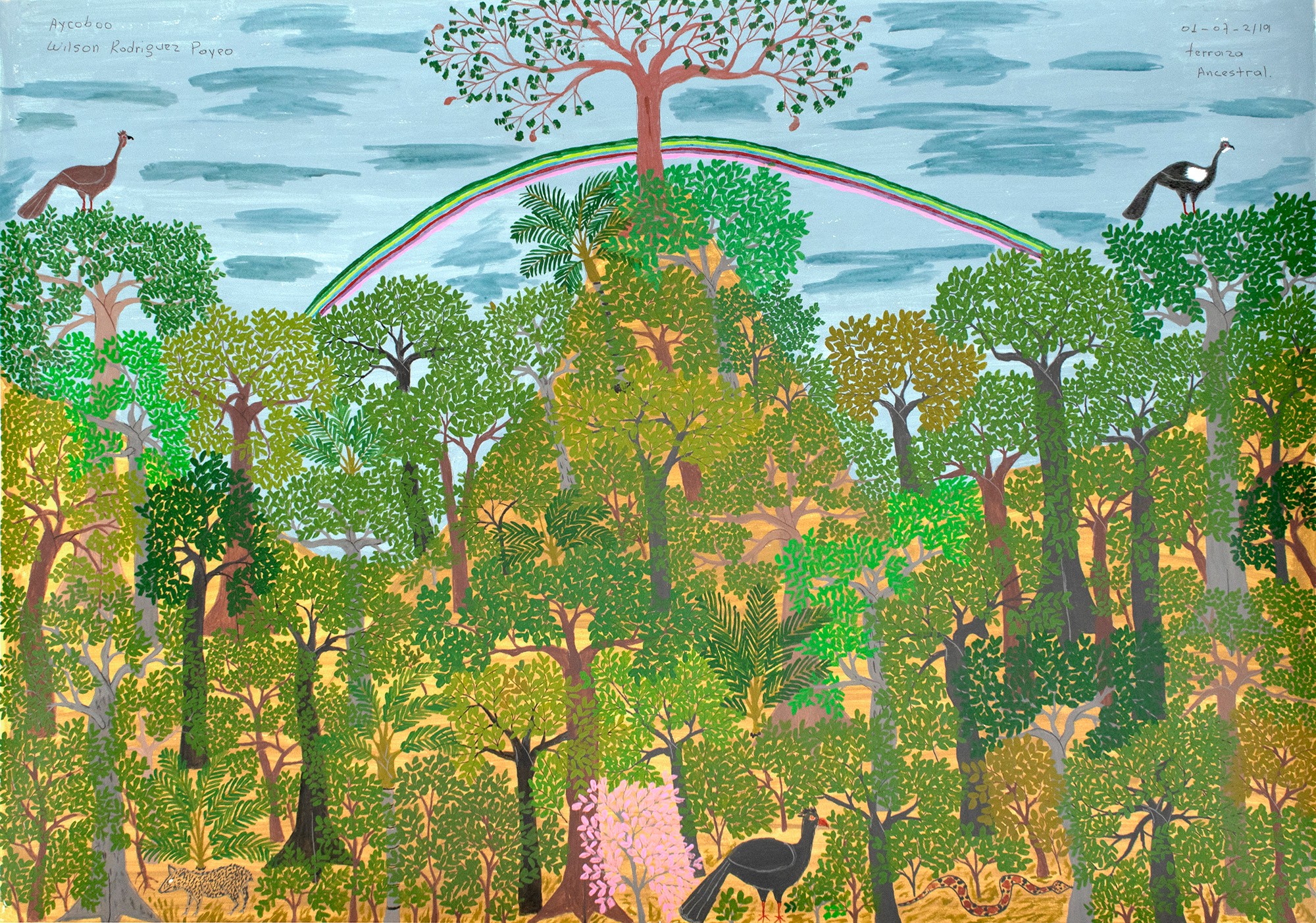 Aycoobo (Wilson Rodríguez), <em>Terraza Ancestral</em>, 2019. Acrylic on paper. 27 1/2 x 39.3 in. Courtesy of the artist and Instituto de Visión.