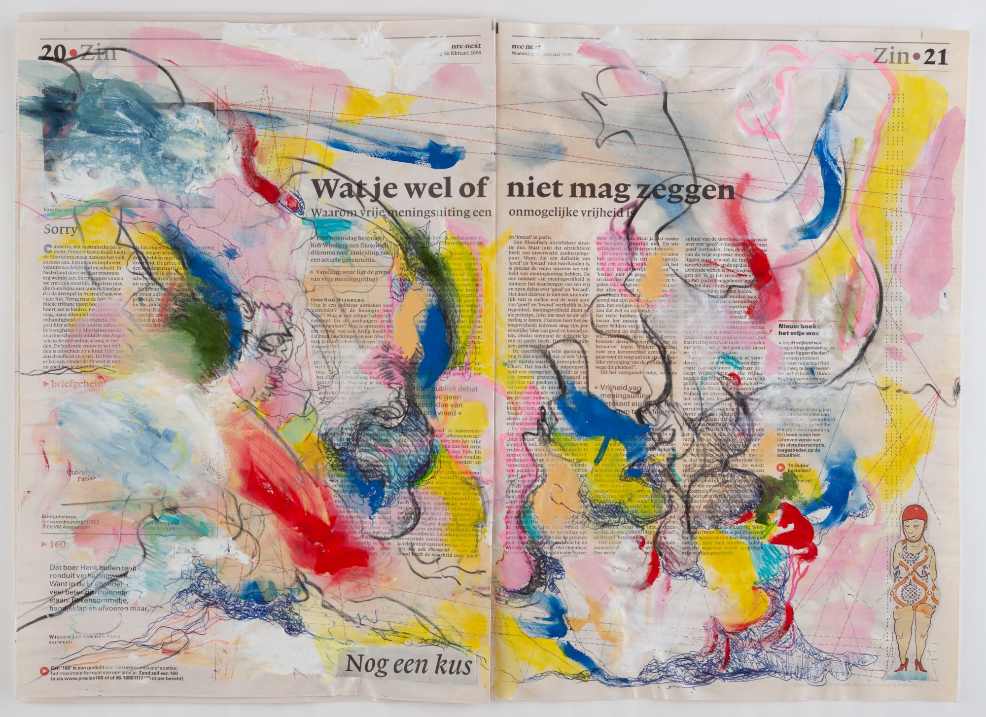 Yvette Taminiau, What You Can or Cannot Say, 2008, Watercolor, gouache on newspaper.