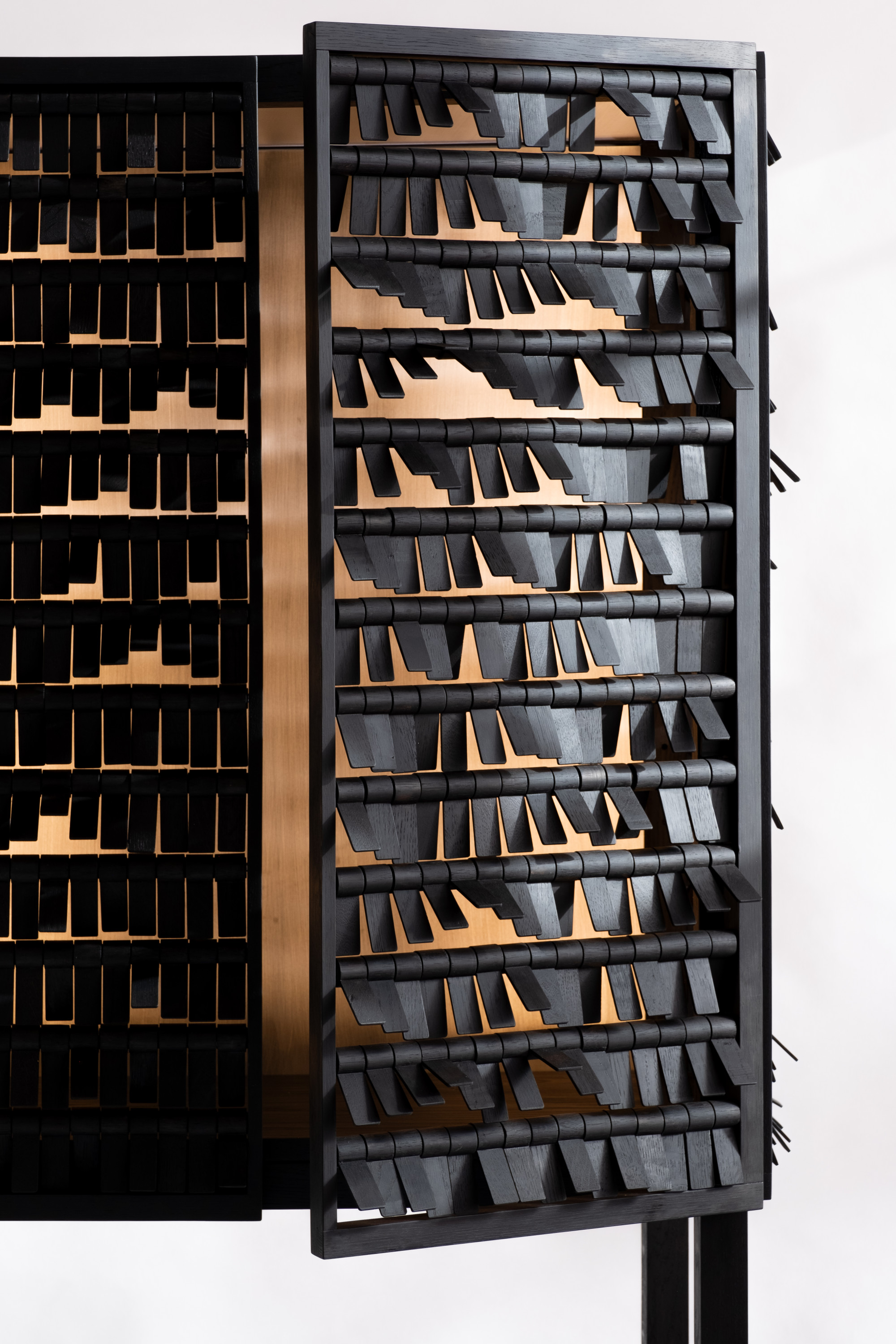 Yvonne Mouser, Janus Spiritus Cabinet, 2025, sumi ink painted white oak, aluminum, glass, light, 76 x 37 x 17 inches