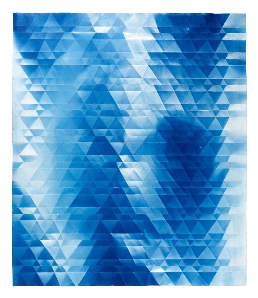 Fritz Horstman, Folded Cyanotype 232, 2023, Cyanotype fluid on paper, 21 x 18 inches, Courtesy of Municipal Bonds