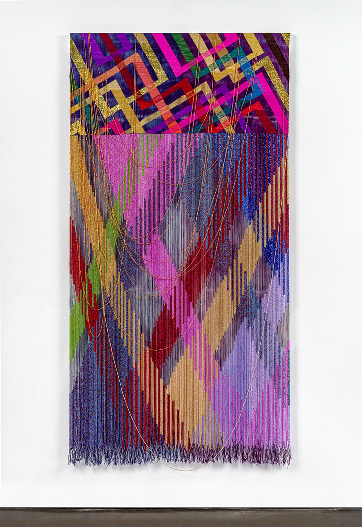 John Paul Morabito, “Untitled (fever),” 2024, linen, wool, gold leaf thread, glass beads, 98 x 47”. Courtesy Nancy Toomey Gallery, San Francisco.