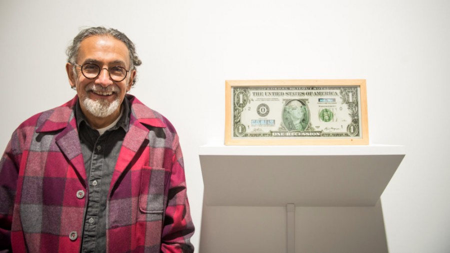 Enrique Chagoya (left) with his work One Recession Watchdog (Instant Update), 2019 at the Opening Reception for What is an edition, anyway?, May 21, 2019. Photo: Pat Mazzera