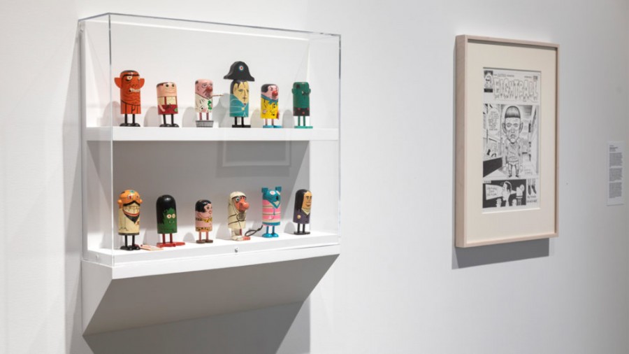 From left: Popsies figurines from the personal collection of Daniel Clowes; original cover drawing for Eightball #8, 1992. Photo: Henrik Kam