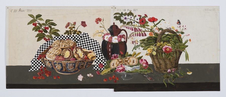 Katherine Sherwood, Bread (after Josefa Obidos), 2019, Acrylic on found cotton, 28x70in